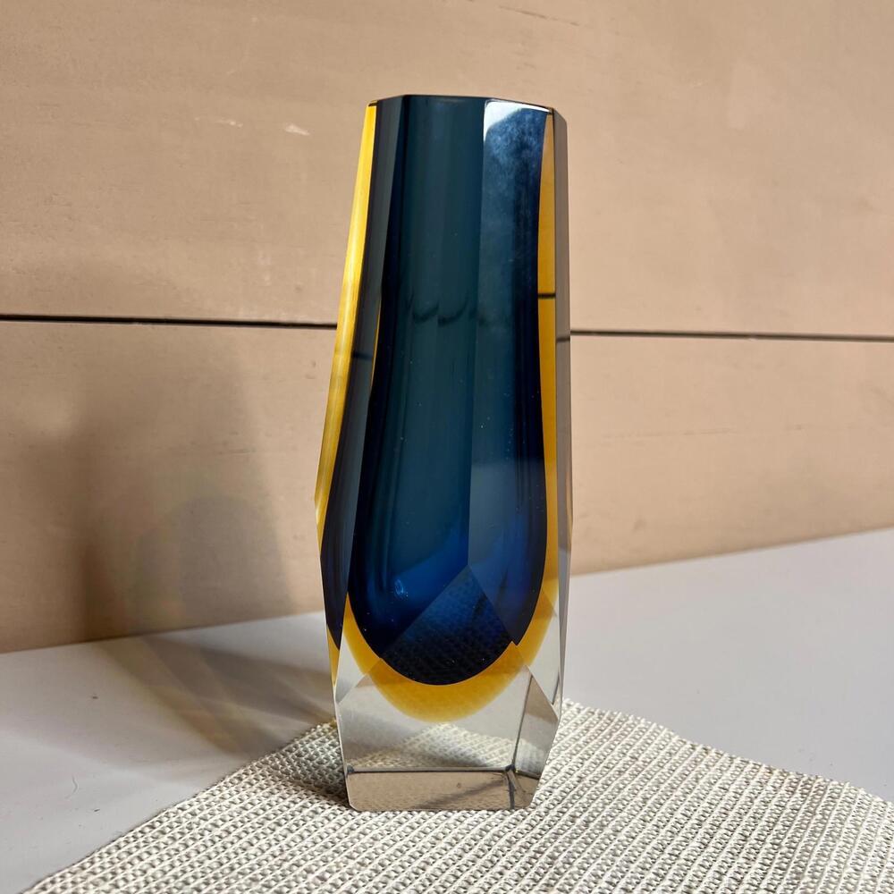 1960s Mid Century Modern Murano Art Glass Vase Blue Amber Faceted 8” Mandruzzato
